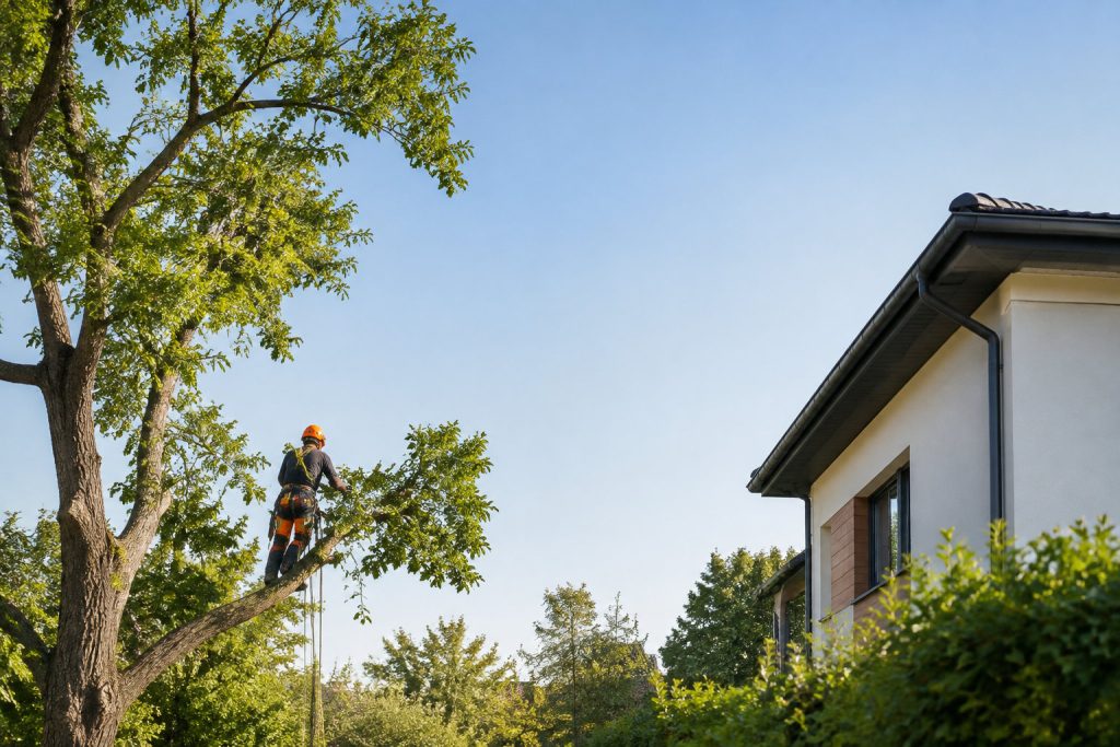 Un élagueur équipé en sécurité coupe une branche d'arbre près d'une maison sous un ciel bleu.