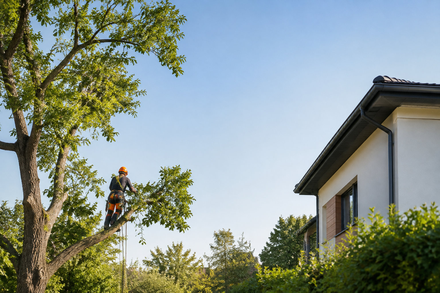 Un élagueur équipé en sécurité coupe une branche d'arbre près d'une maison sous un ciel bleu.