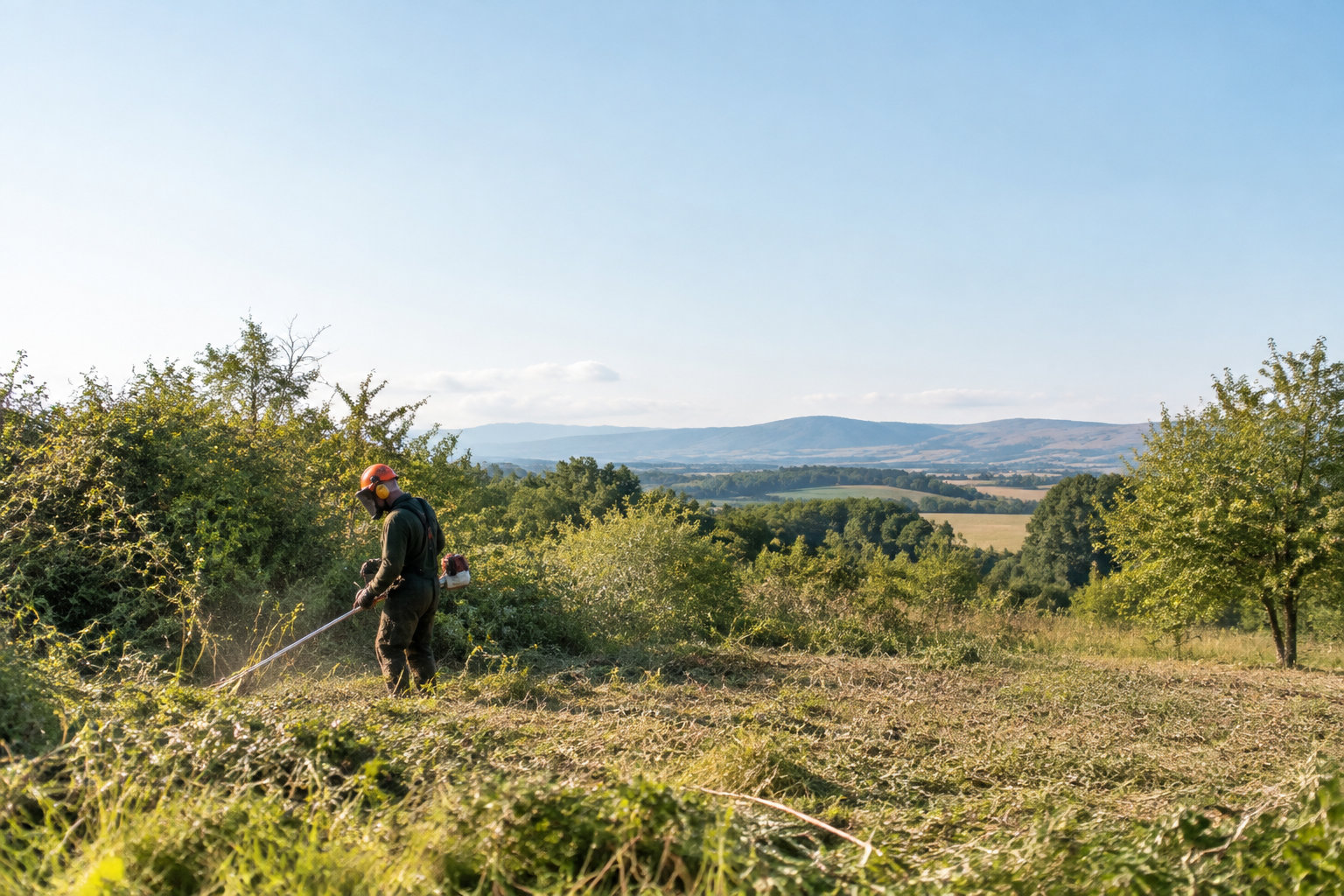 Un ouvrier équipé d'une débroussailleuse travaille sur un terrain en pente avec une vue sur une vallée ensoleillée.