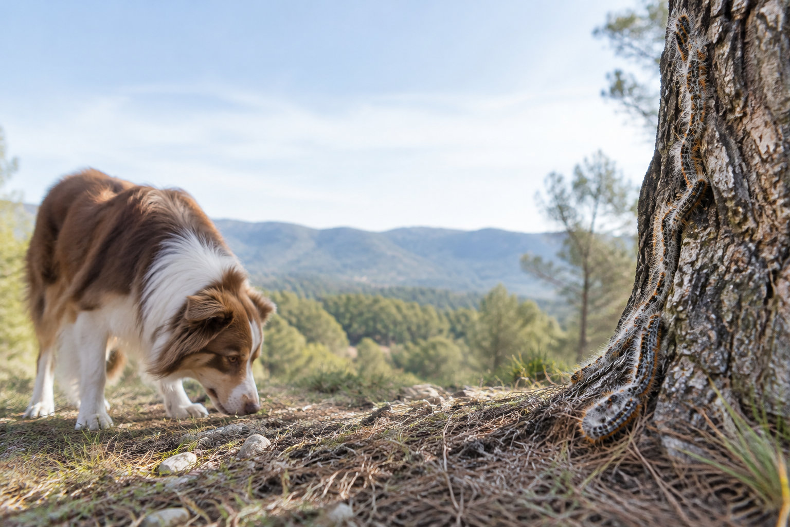 Un chien brun et blanc observe attentivement une file de chenilles processionnaires sur le tronc d'un pin en forêt.