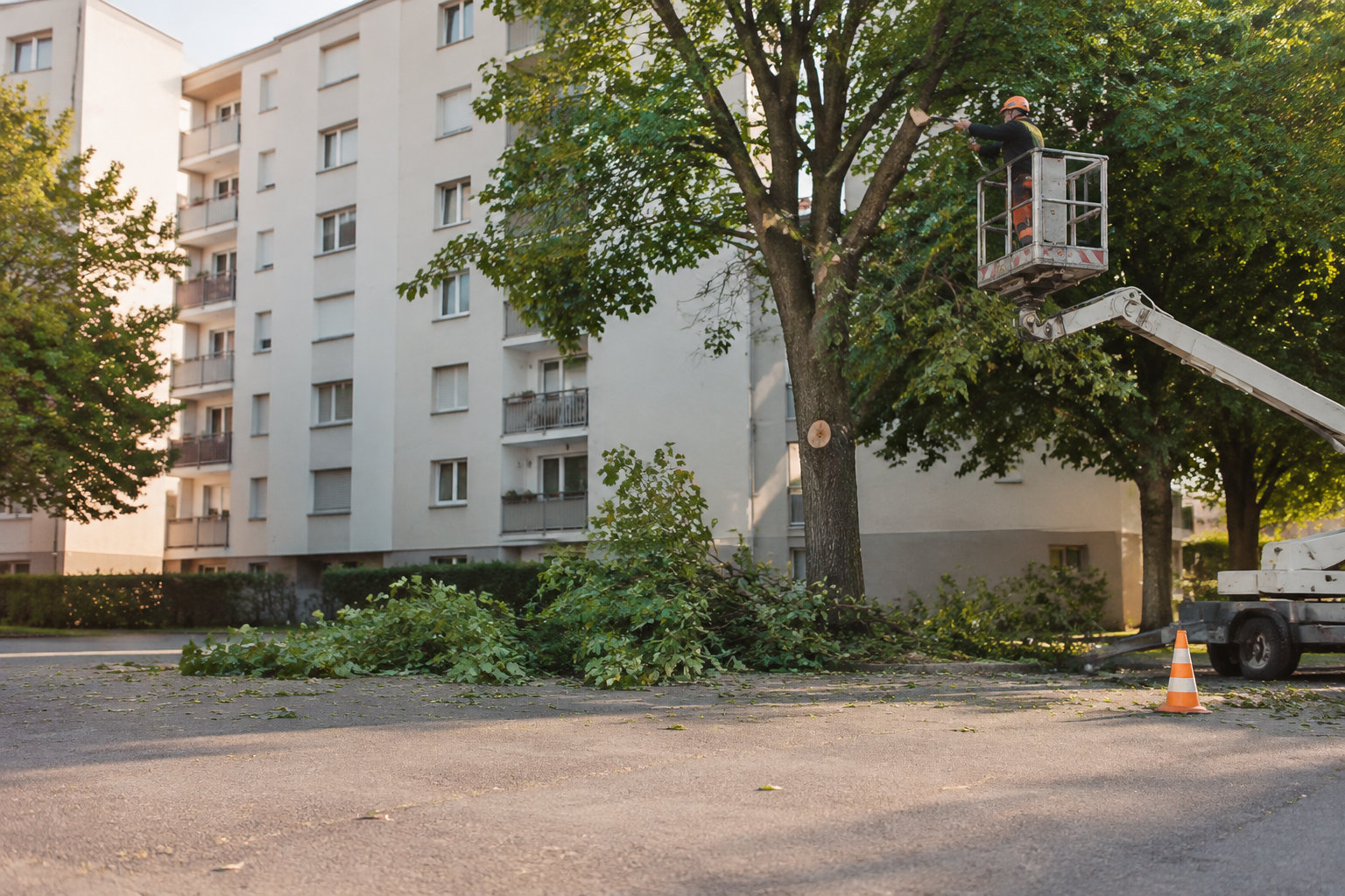 Un élagueur professionnel dans une nacelle élévatrice coupe des branches d'arbre devant un immeuble résidentiel.