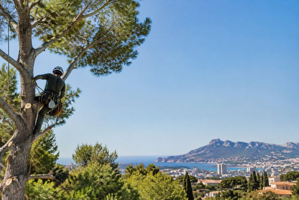 Un élagueur professionnel équipé est perché dans un grand pin, surplombant une vue panoramique sur Marseille et la mer.