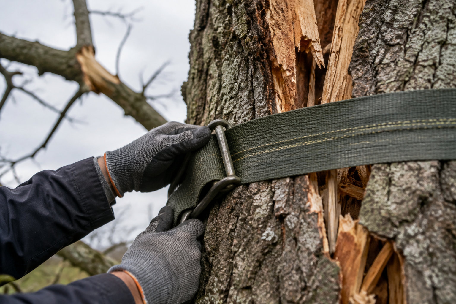 Gros plan sur des mains gantées serrant une sangle robuste autour du tronc fendu d'un arbre endommagé.
