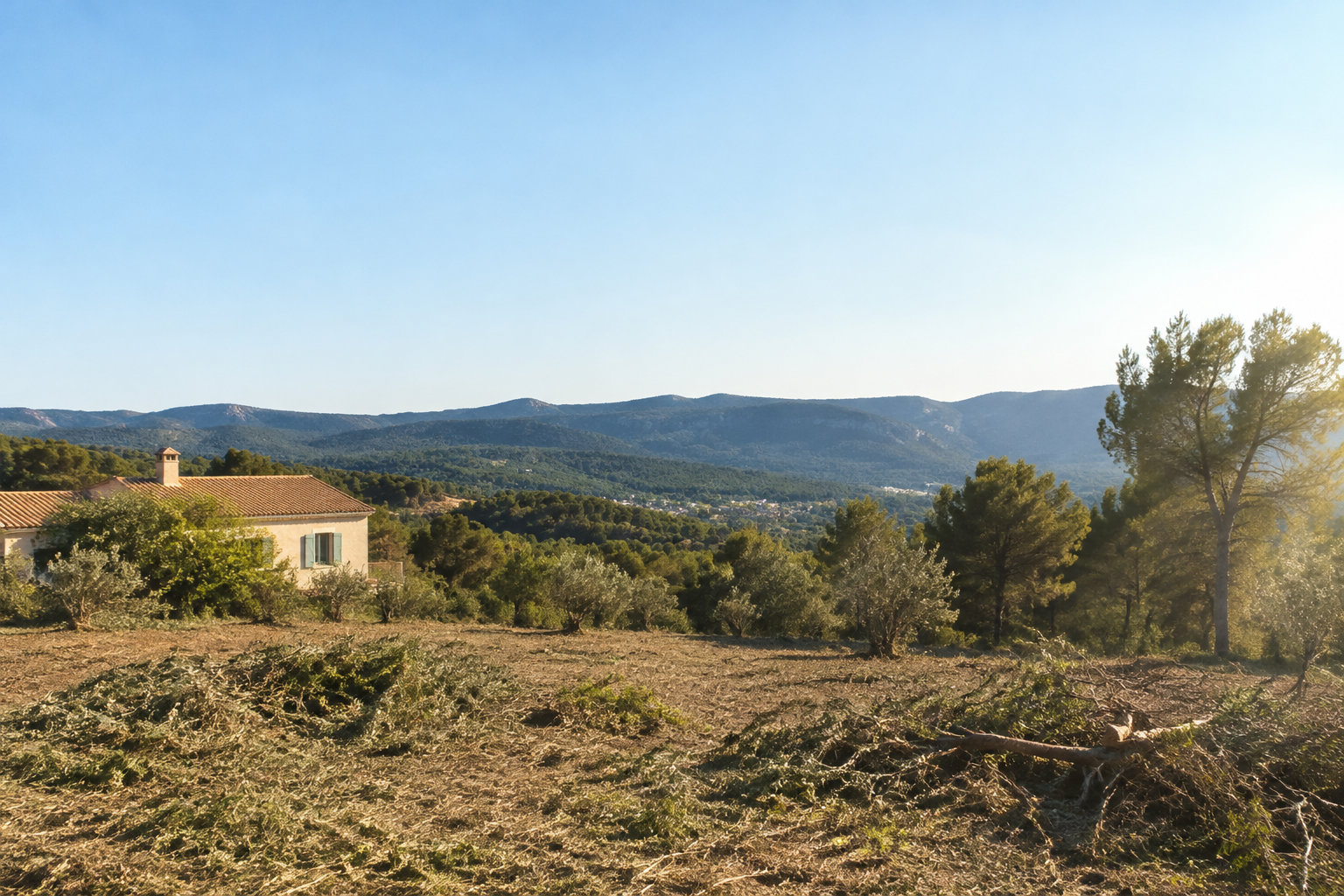 Une maison provençale entourée d'un terrain débroussaillé avec des collines en arrière-plan.