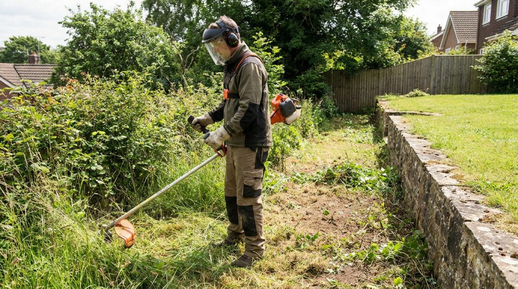 Un jardinier équipé d'une débroussailleuse thermique nettoie un terrain en friche près d'un muret en pierre.
