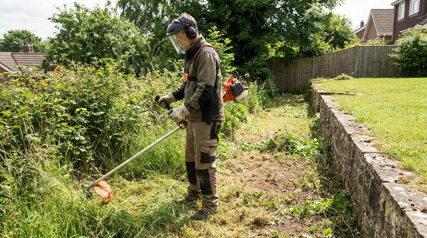 Un jardinier équipé d'une débroussailleuse thermique nettoie un terrain en friche près d'un muret en pierre.