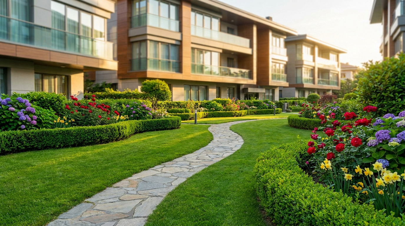 Allée en pierre traversant un jardin fleuri devant une résidence moderne