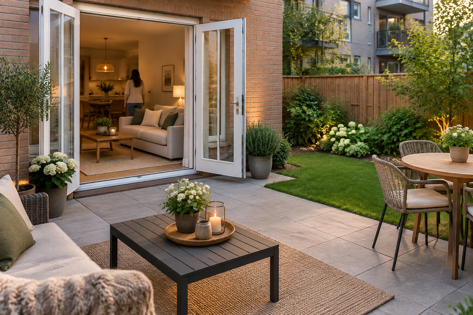 Une terrasse aménagée avec des fauteuils, une table, des plantes et des bougies jouxte un salon éclairé où une personne se tient près du canapé.
