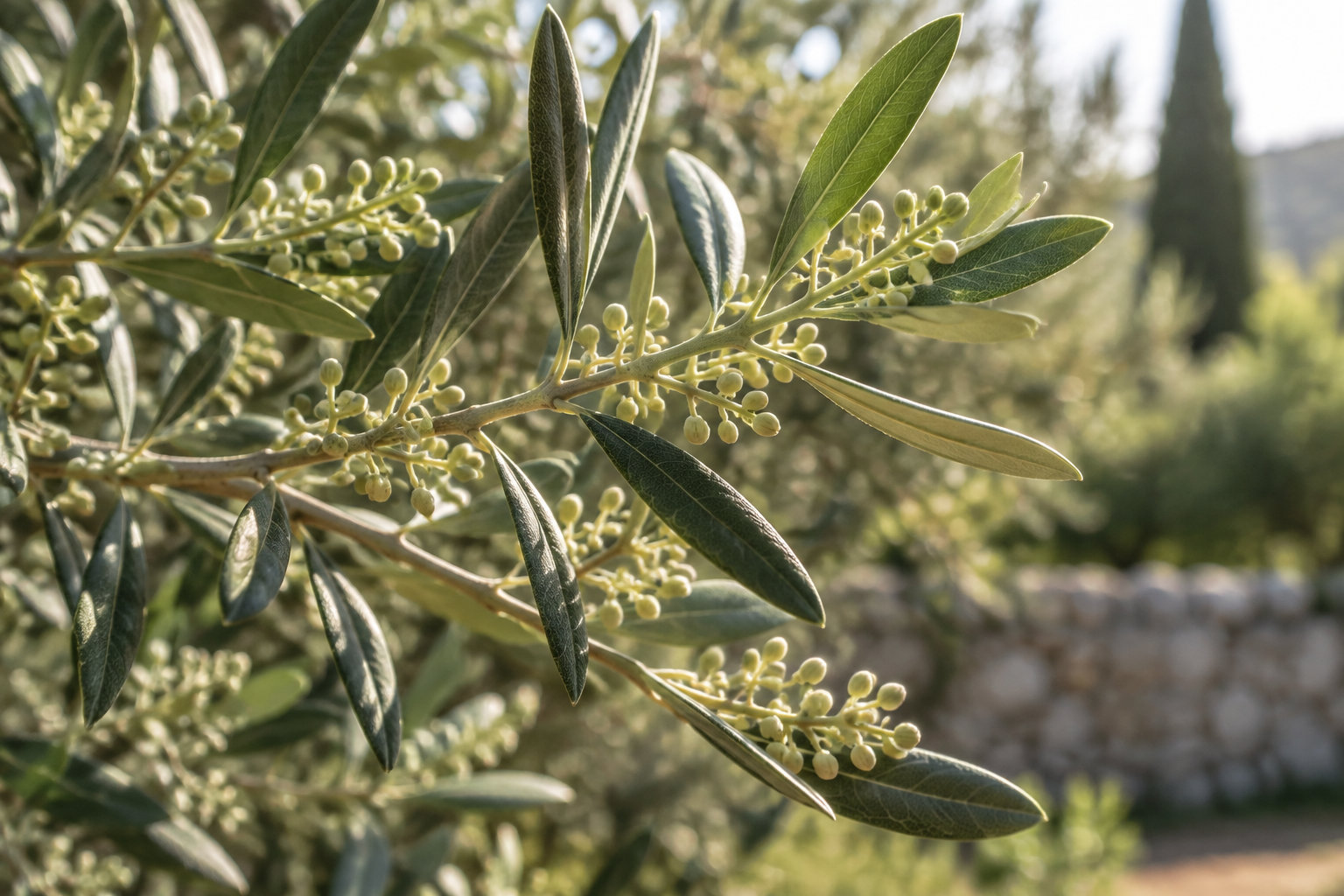 Gros plan sur une branche d’olivier portant des feuilles étroites et de petites fleurs, dans un jardin ensoleillé.