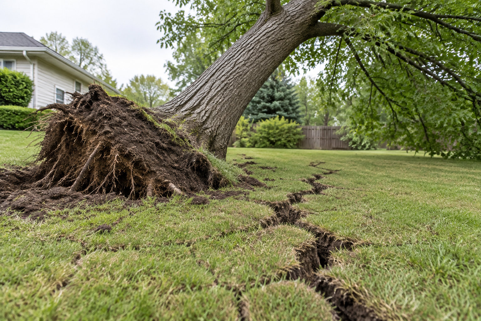 Un grand arbre déraciné repose sur une pelouse, ses racines arrachées et la terre fissurée dans un jardin résidentiel.
