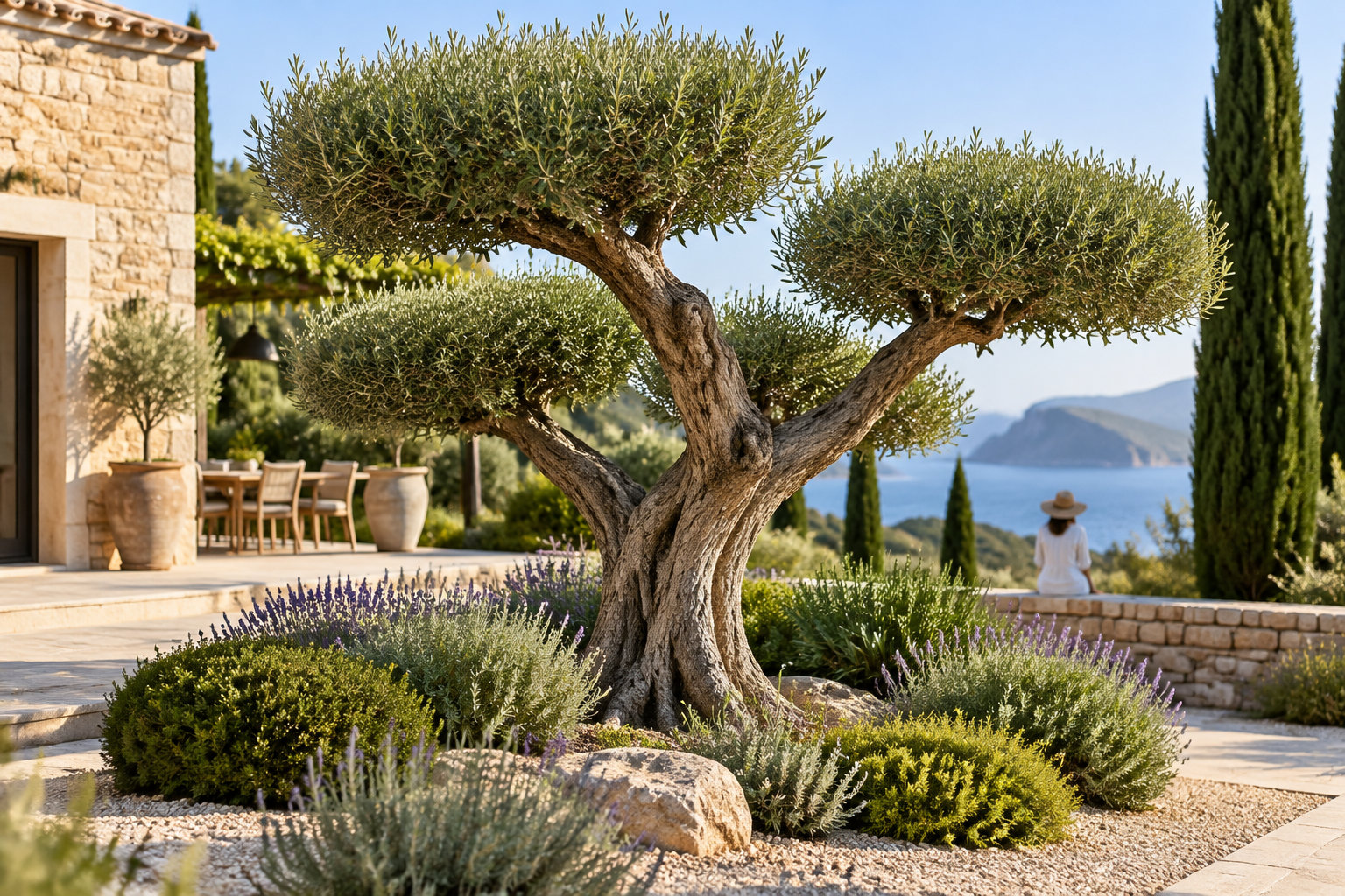 Un olivier domine un jardin méditerranéen avec des massifs de lavande, une maison en pierre, une terrasse et une personne assise face à la mer.