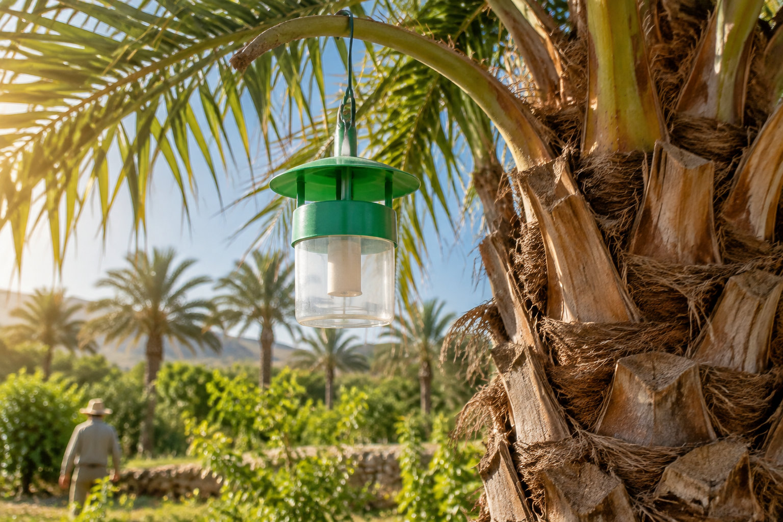 Un piège cylindrique transparent à couvercle vert est suspendu à un palmier dans une palmeraie ensoleillée, où une personne marche au loin.
