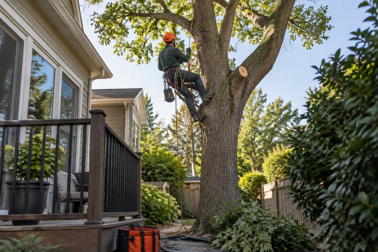 Un arboriste équipé d’un casque et d’un harnais est suspendu dans un grand arbre, près d’une maison et d’une terrasse.