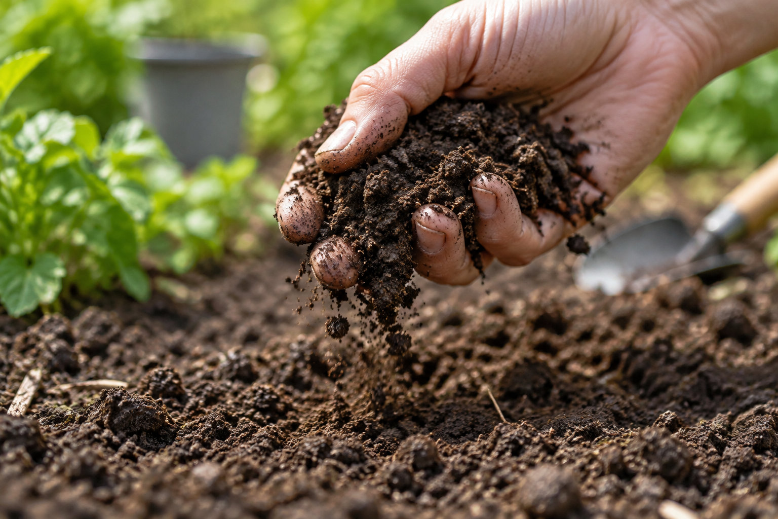 Une main émiettе une poignée de terre au-dessus d’un potager, avec des plants verts et une truelle en arrière-plan.
