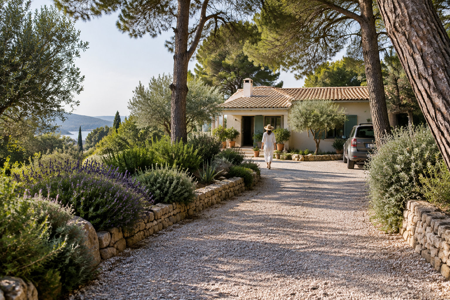 Une personne en tenue claire et chapeau marche sur une allée de gravier vers une maison entourée d’arbres et de plantes, avec une voiture garée à droite.