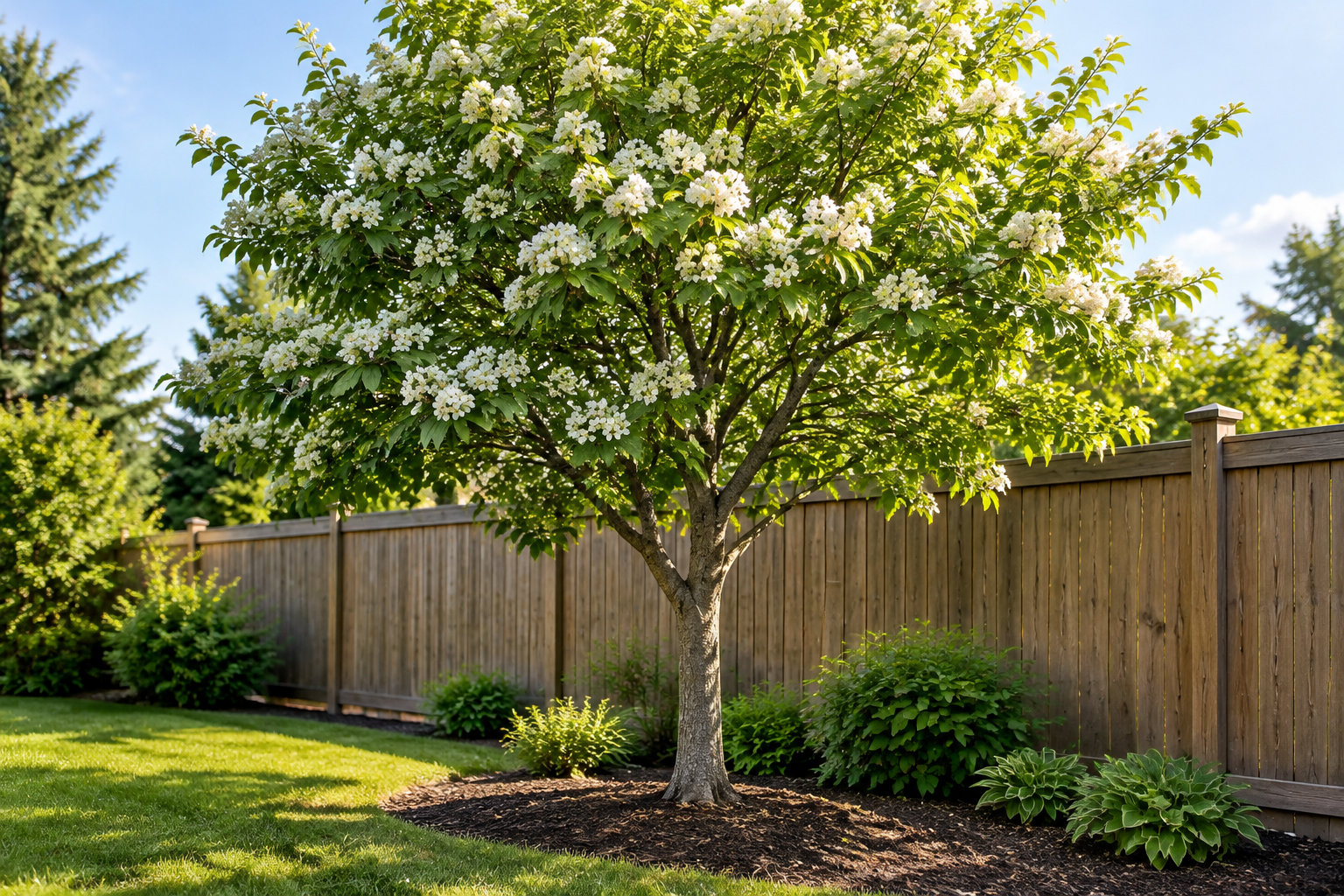Un arbre couvert de grappes de fleurs blanches pousse dans un jardin ensoleillé, devant une clôture en bois.