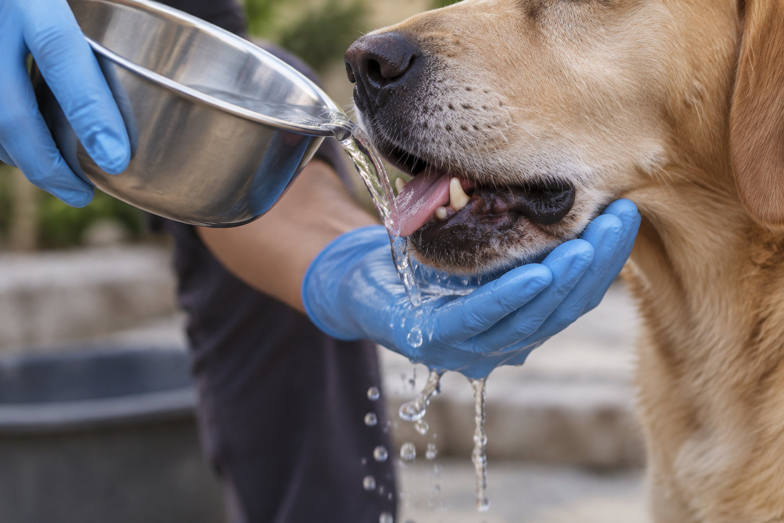 Une personne portant des gants bleus verse de l’eau d’un bol en métal dans la gueule d’un chien, en recueillant l’eau qui s’écoule dans sa main.