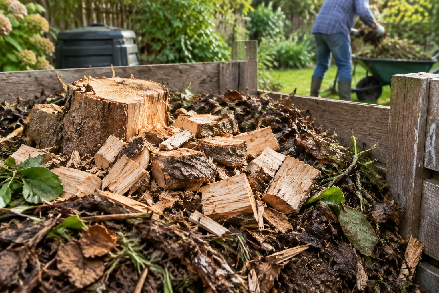 Une personne travaille dans un jardin derrière un bac en bois rempli de bûches, de copeaux et de feuilles, avec une brouette à proximité.