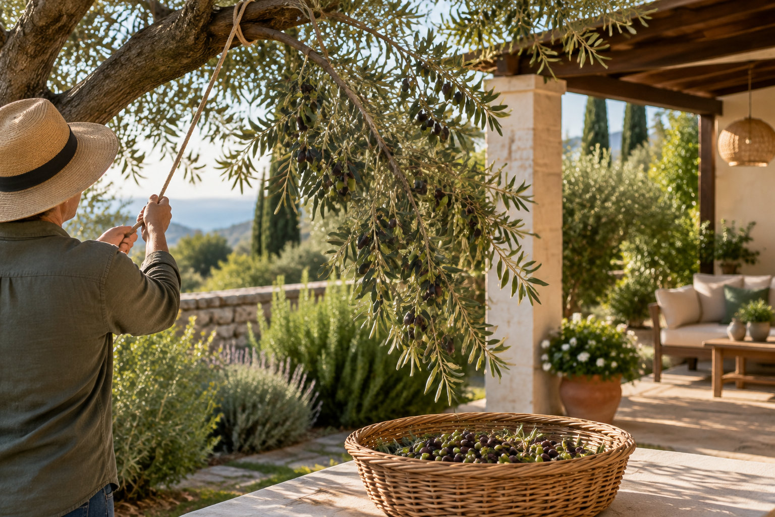 Une personne secoue une branche d’olivier au-dessus d’un panier rempli d’olives, dans un jardin avec terrasse.