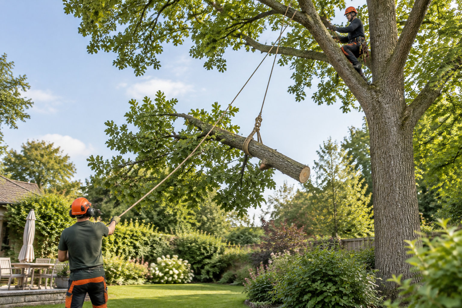 Un arboriste-grimpeur coupe une grosse branche, tandis qu’un collègue au sol guide sa descente à l’aide d’une corde dans un jardin.