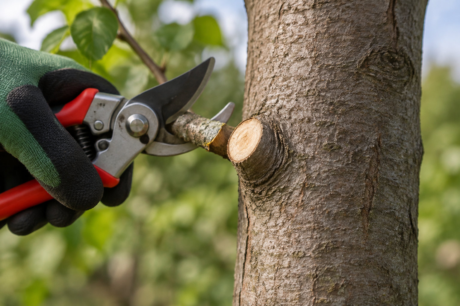 Une main gantée utilise un sécateur rouge pour couper une branche d’arbre.