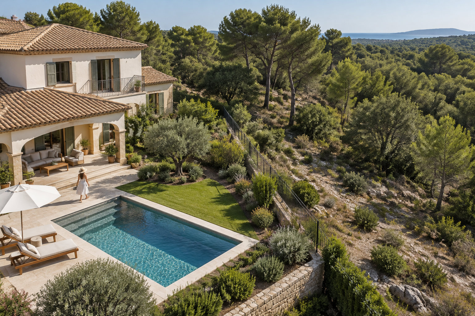 Une femme marche sur la terrasse d’une maison provençale entourée de végétation, près d’une piscine et de chaises longues.