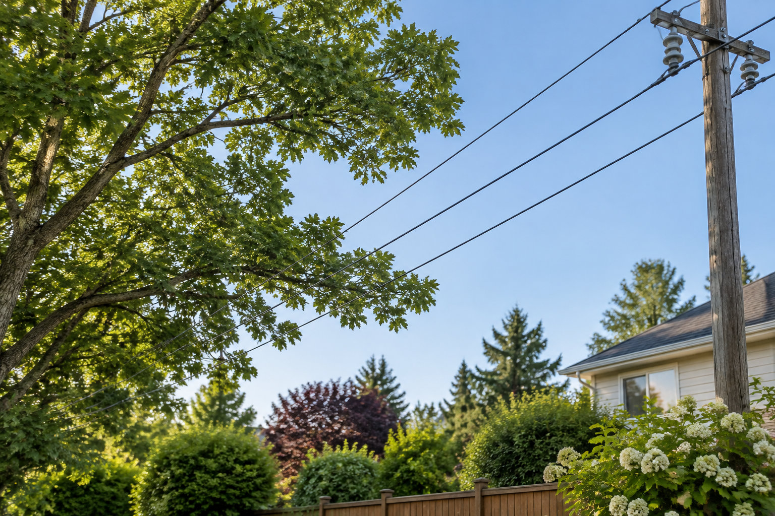 Un poteau électrique et des câbles longent une maison entourée d’arbres, de haies et de fleurs.