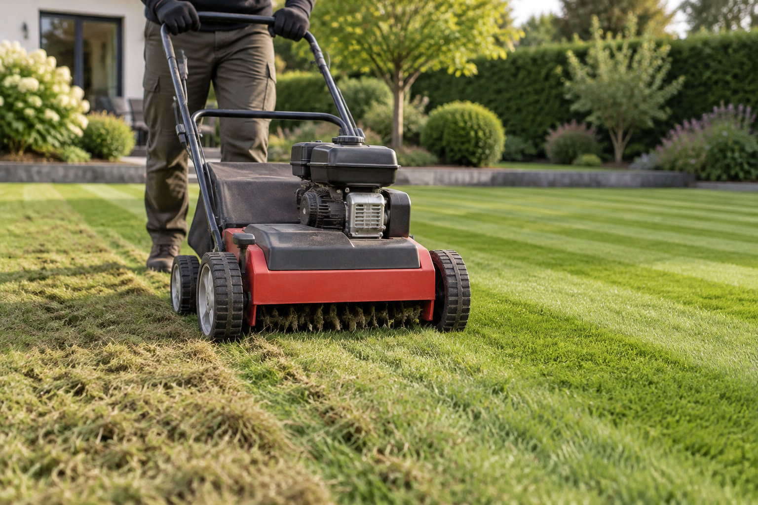 Une personne pousse une machine rouge à rouleau sur une pelouse, laissant une bande d’herbe défeutrée dans un jardin.