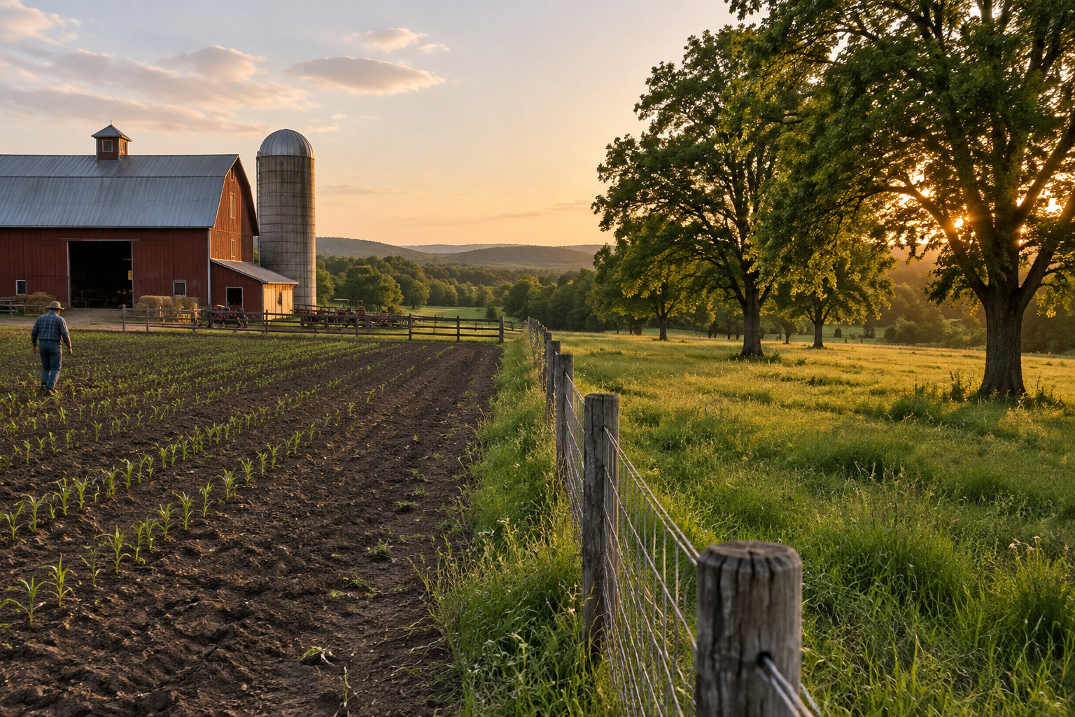 Une personne marche dans un champ près d’une grange rouge et d’un silo, au bord d’un pré clôturé bordé de grands arbres, au coucher du soleil.