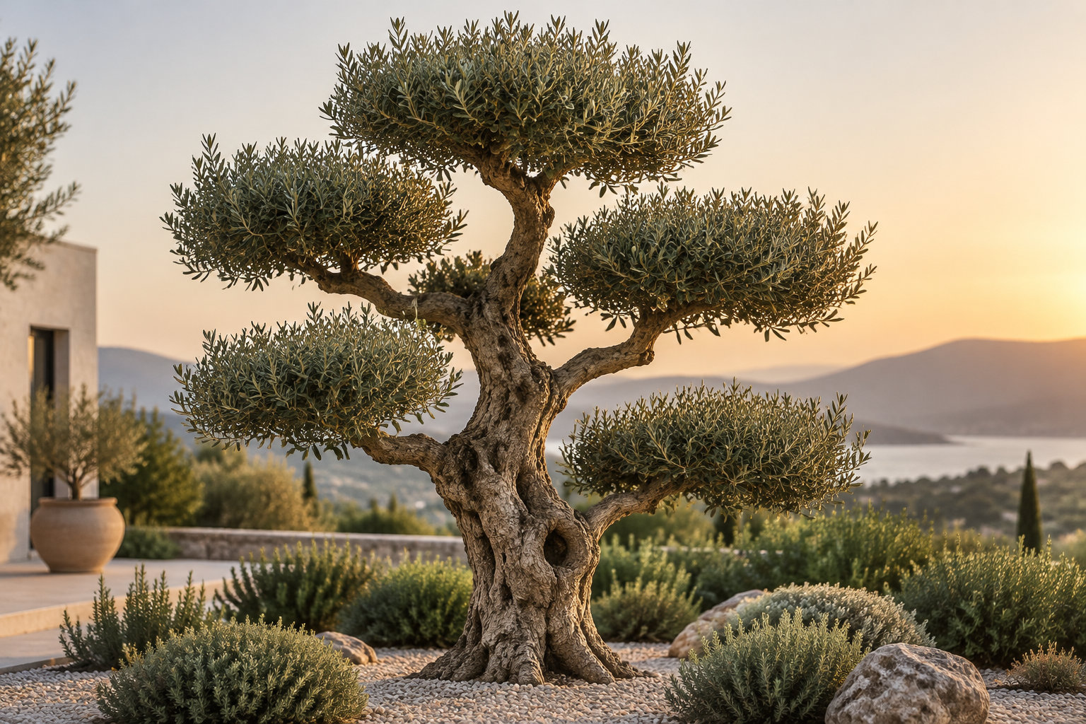 Un olivier taillé en forme de nuages pousse dans un jardin paysager avec des arbustes et des rochers, devant des collines au coucher du soleil.