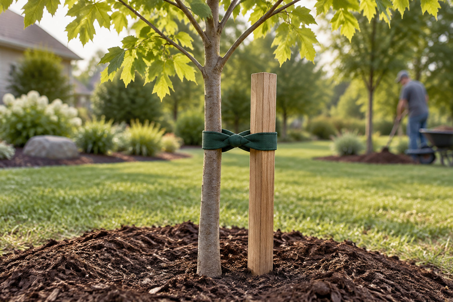 Un jeune arbre est attaché à un tuteur en bois dans un jardin, tandis qu’une personne travaille en arrière-plan avec une brouette.