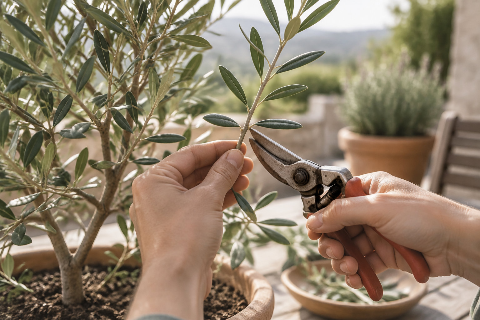 Des mains taillent une branche d’olivier en pot avec un sécateur, sur une terrasse ensoleillée.