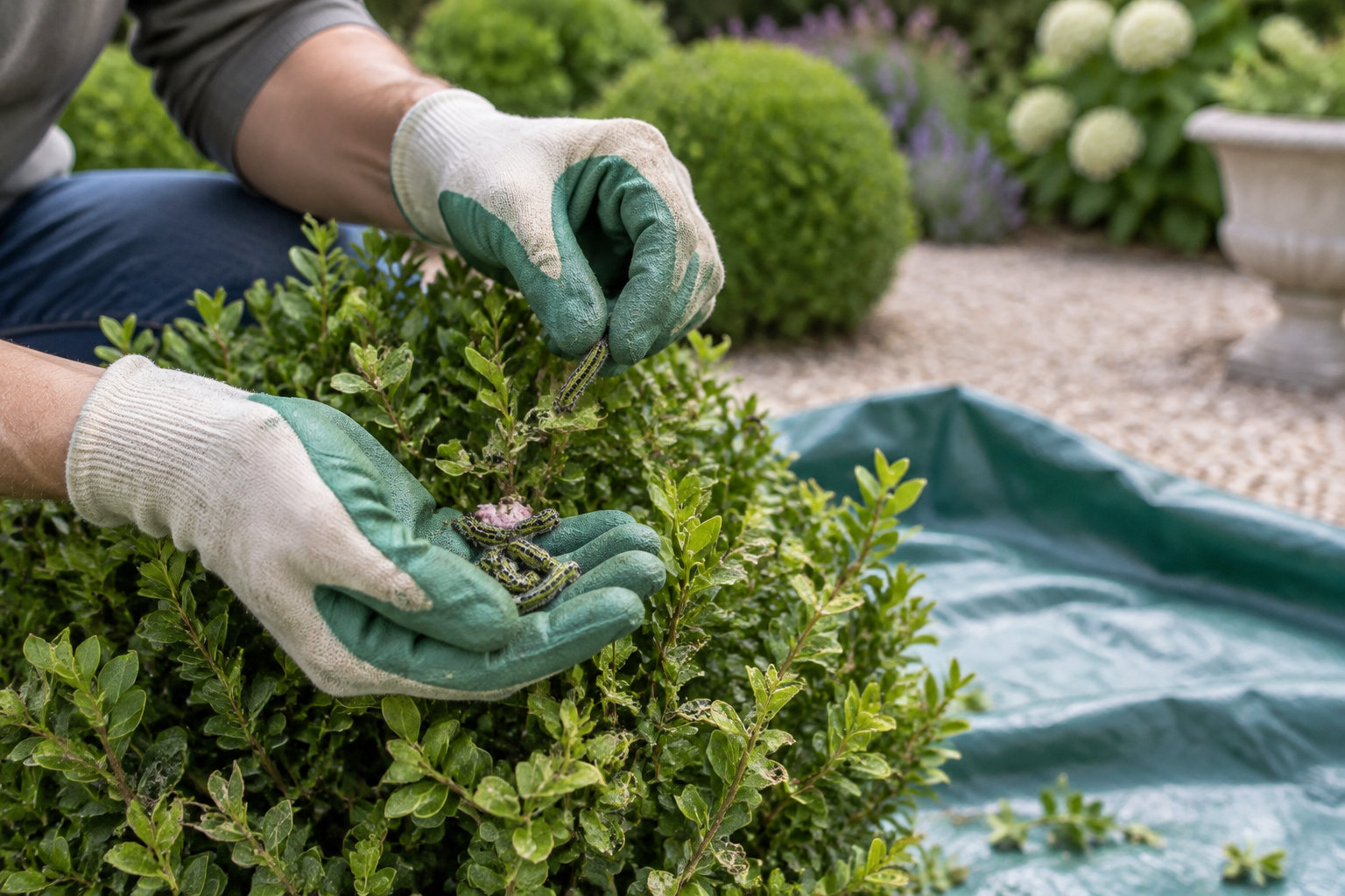 Une personne portant des gants de jardinage retire des chenilles d’un arbuste au-dessus d’une bâche verte.
