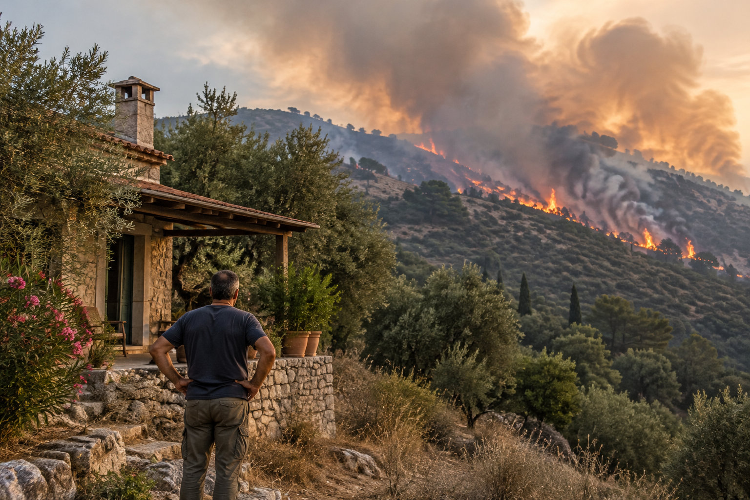 Un homme, vu de dos, observe un incendie qui progresse sur une colline près d’une maison en pierre.