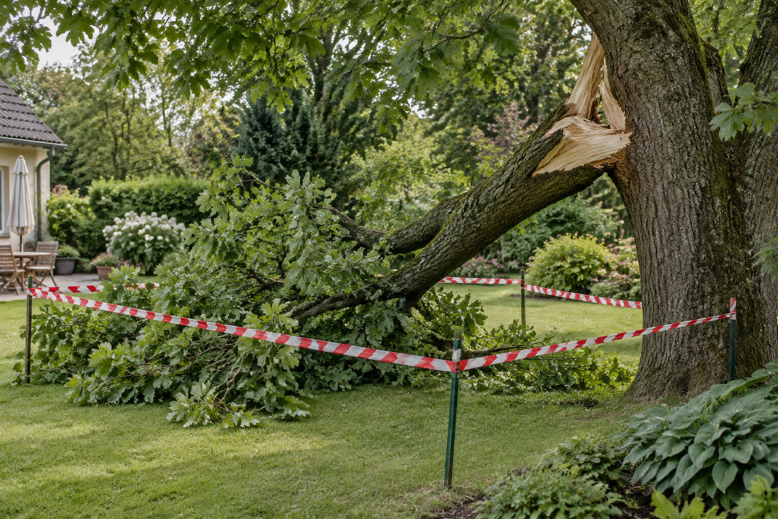 Un grand arbre dont une branche est cassée repose sur la pelouse d’un jardin, délimitée par un ruban rouge et blanc.