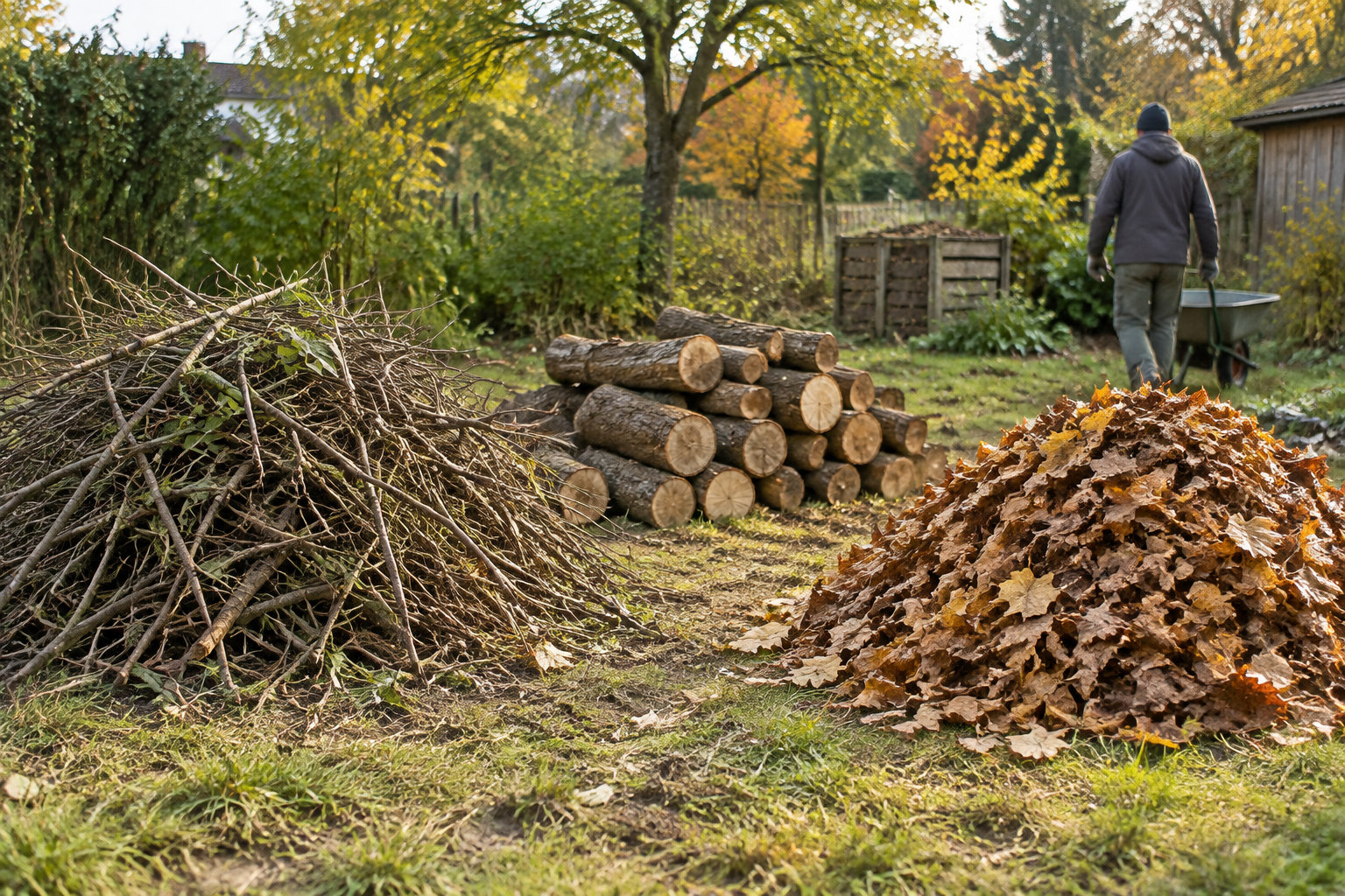 Un homme pousse une brouette dans un jardin d’automne, près de tas de bûches, de branches et de feuilles mortes.
