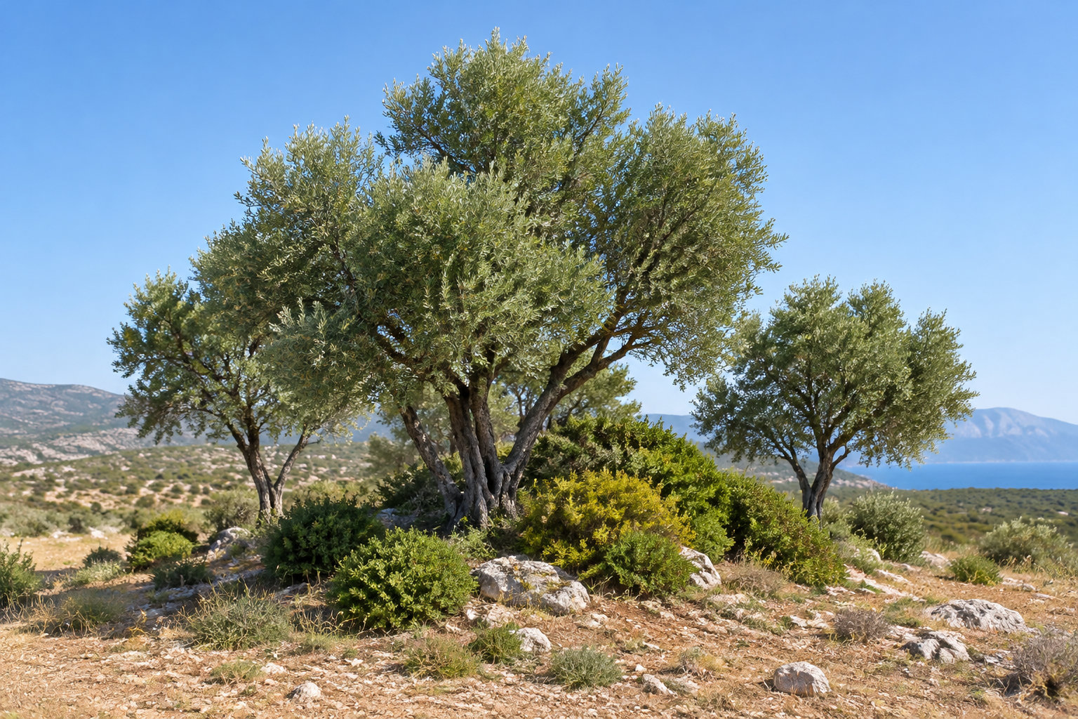 Plusieurs arbres et des arbustes poussent sur un terrain rocailleux, avec des montagnes et la mer à l’arrière-plan sous un ciel bleu.