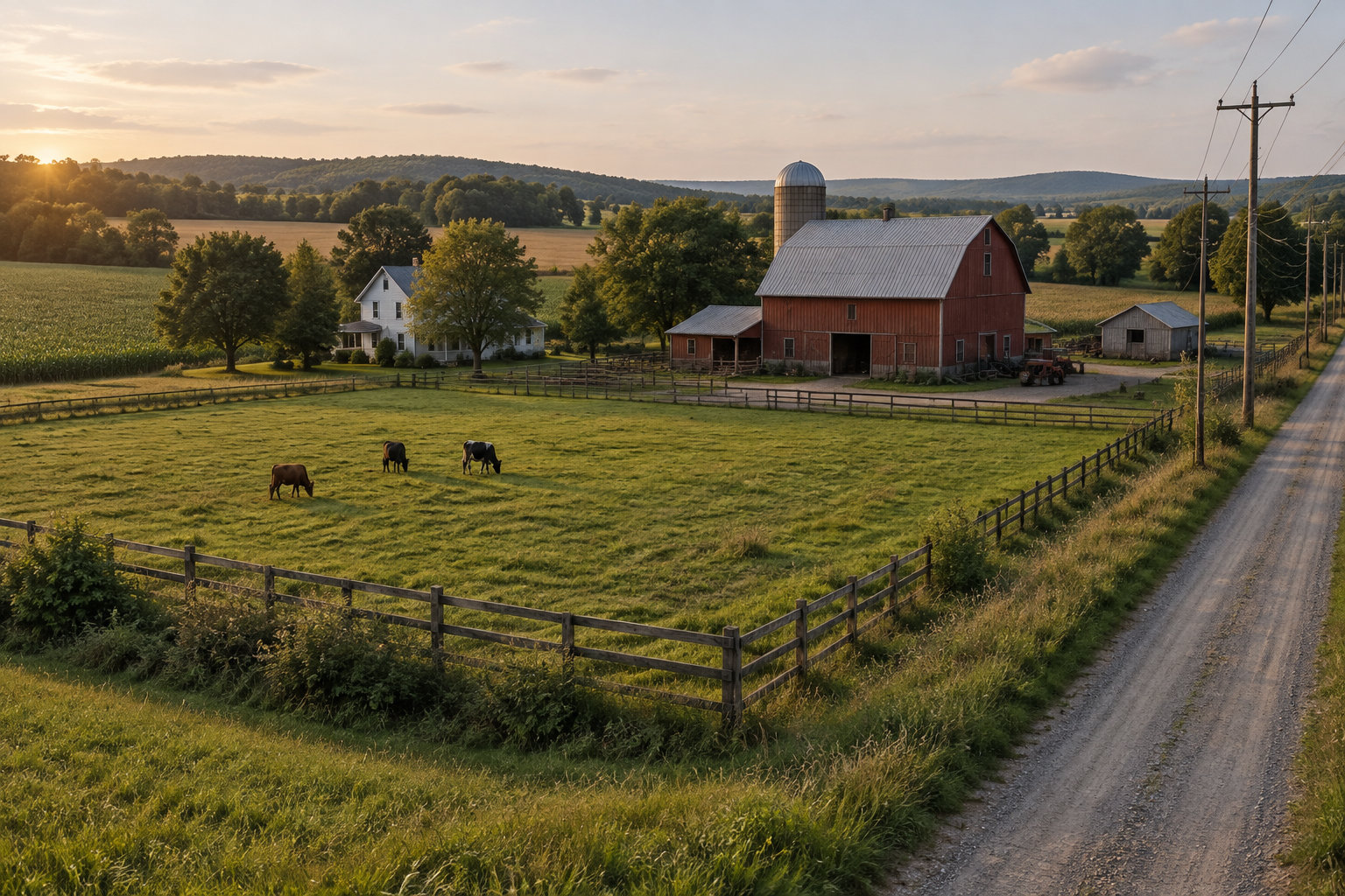 Une ferme avec une grange rouge, une maison blanche, des champs clôturés et trois vaches dans un pré, au coucher du soleil.