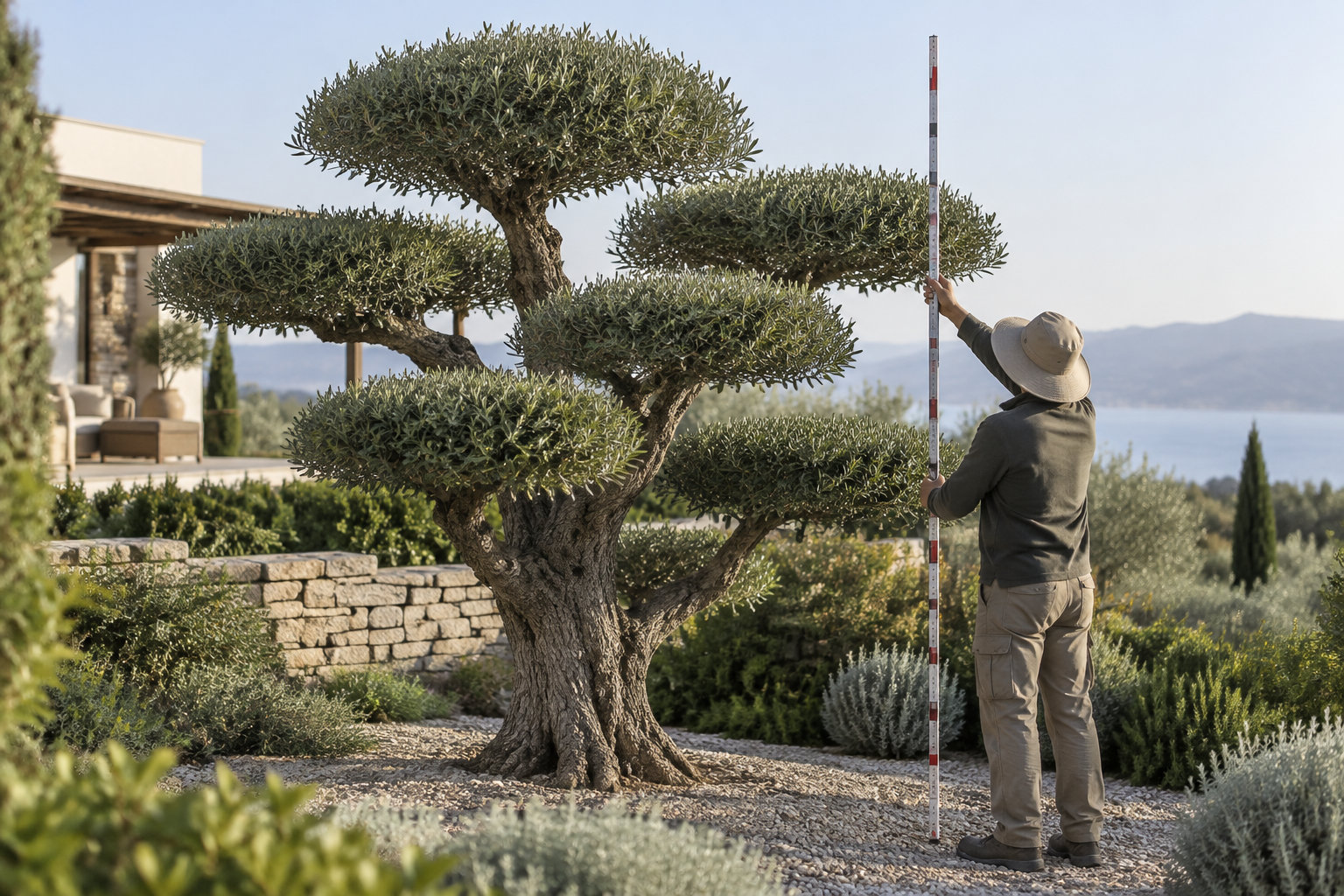 Un homme en chapeau mesure la hauteur d’un olivier taillé en plateaux dans un jardin ensoleillé.