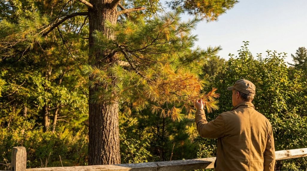 Un homme examine une branche de pin jaunie dans une forêt ensoleillée.