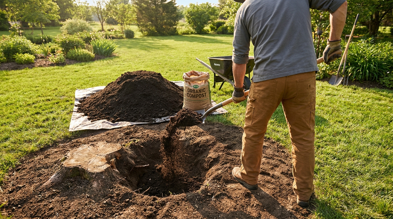 Un jardinier utilise une pelle pour remplir un trou laissé par une souche d'arbre avec du compost organique.