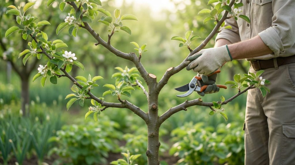Un jardinier utilisant un sécateur pour tailler les branches d'un jeune arbre fruitier en fleurs dans un verger.