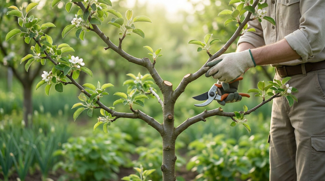 Un jardinier utilisant un sécateur pour tailler les branches d'un jeune arbre fruitier en fleurs dans un verger.