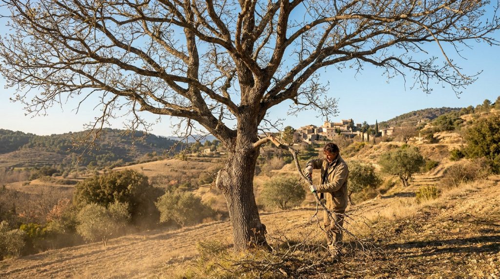 Un homme taille une branche de chêne dans un paysage vallonné de Provence avec un village en arrière-plan.