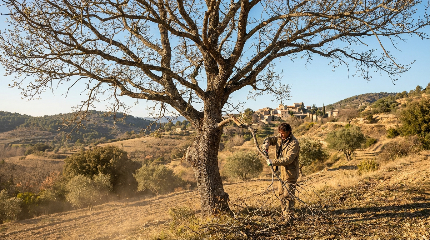 Un homme taille une branche de chêne dans un paysage vallonné de Provence avec un village en arrière-plan.