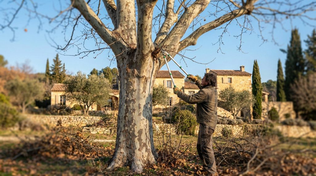 Un élagueur professionnel taille les branches d'un grand platane devant une maison traditionnelle en pierre en Provence.