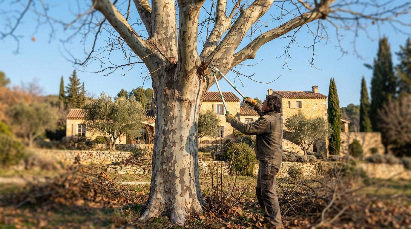 Un élagueur professionnel taille les branches d'un grand platane devant une maison traditionnelle en pierre en Provence.