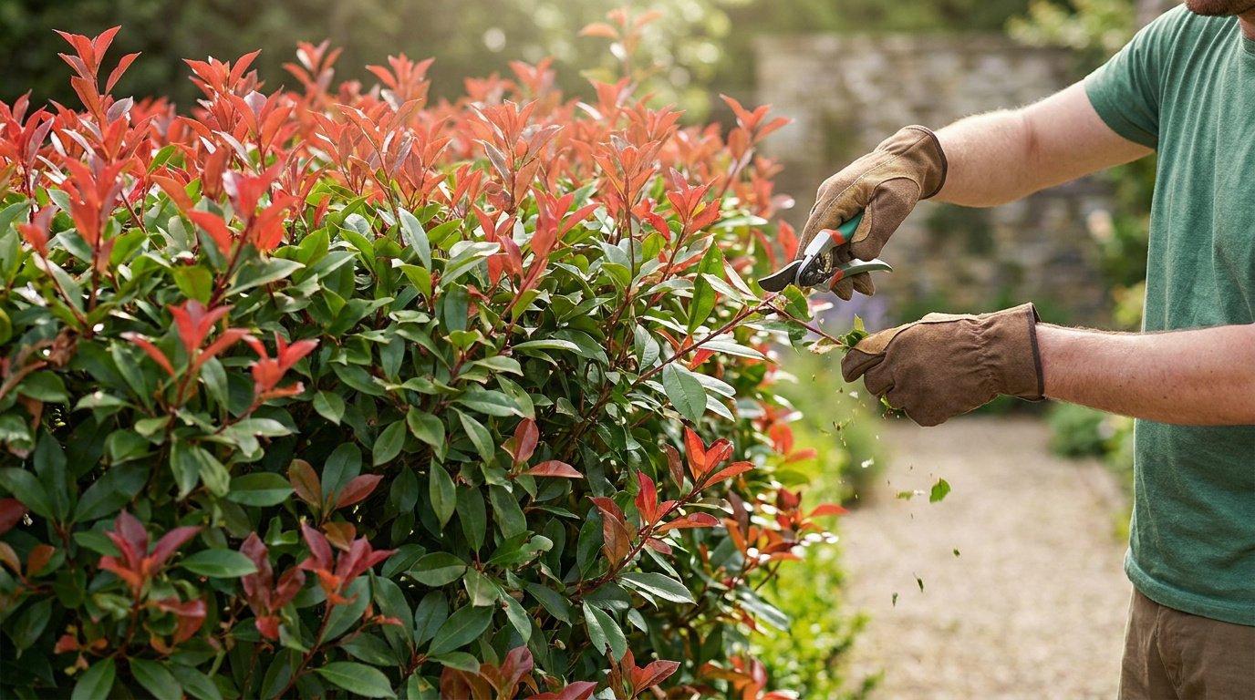 Un jardinier portant des gants de protection taille un photinia aux jeunes feuilles rouges avec un sécateur.